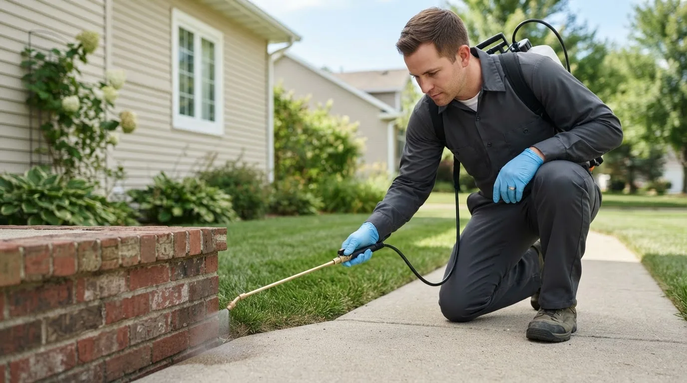 Pest control technician treating a home near Caldwell, TX