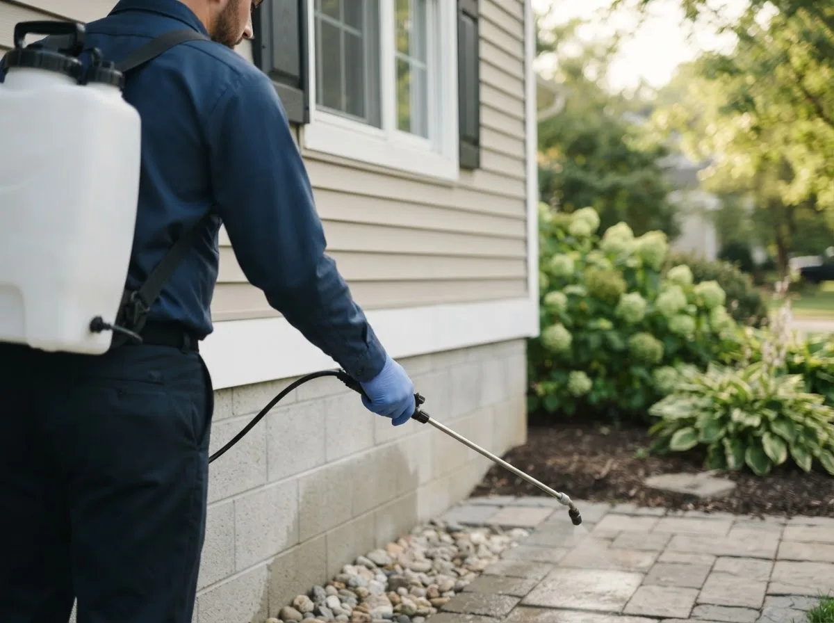 Pest control technician inspecting a home in Caldwell, TX